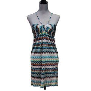 Trina Turk Ruched Sweetheart Halter Midi Dress | EUC | 6 | Blue Tan Multicolor